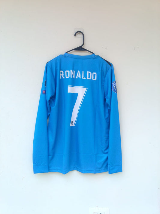 Real Madrid 2017–18 3rd Kit Away – Ronaldo Edition (Full Sleeve, Embroidered Premium) ⚫🐐🏆 (Copy)
