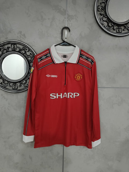 Manchester United 1998–99 Home – Beckham Edition zip collar(Full Sleeve, Retro Embroidered Premium) 🔴⚽🔥 (Copy)