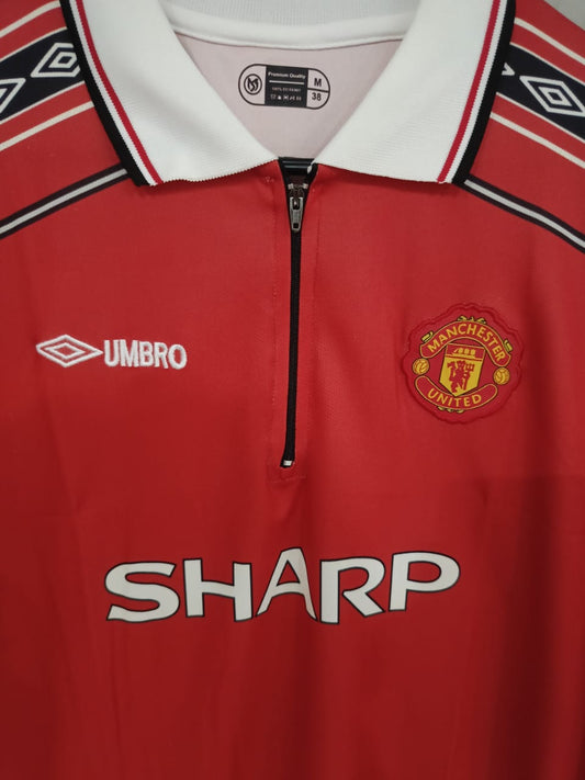 Manchester United 1998–99 Home – Beckham Edition zip collar(Full Sleeve, Retro Embroidered Premium) 🔴⚽🔥 (Copy)