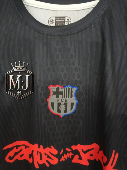 FC Barcelona x Travis Scott – Away Jersey (Limited Edition, Embroidered, Plain Back) 🖤🌵🔵🔴 (Copy)